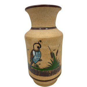 Vintage Tonala Mexican Art Pottery Vase Sandstone Folk Art w Birds Cactus Agave